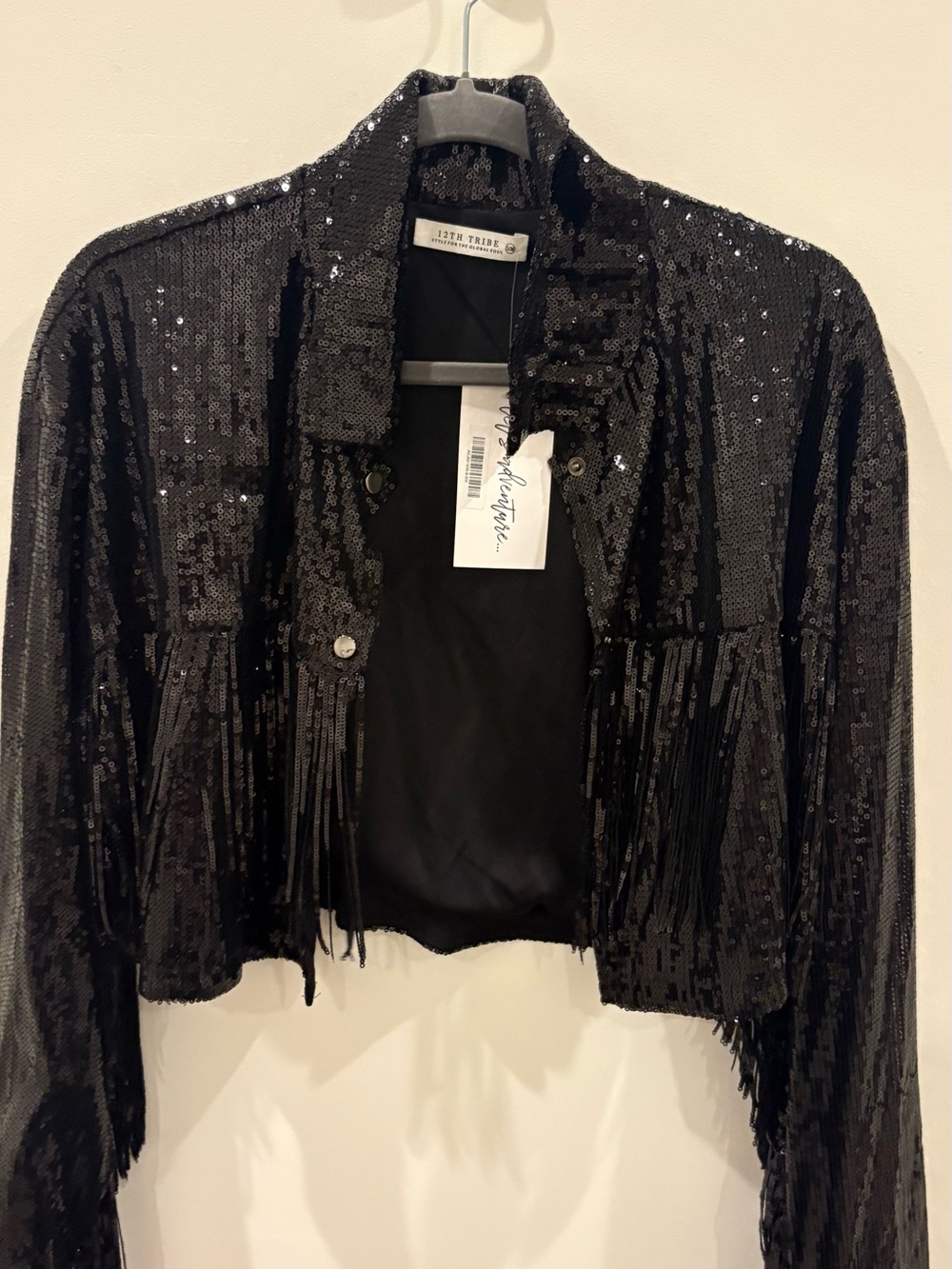 12th Tribe Black Sequin Fringe Jean Jacket